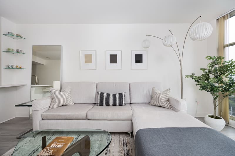 Sectional sofa with a plant and floor lamp
